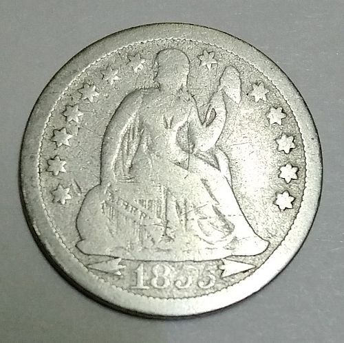 1855-P Seated Liberty Dime, weak date, low grade (scratches, wear)