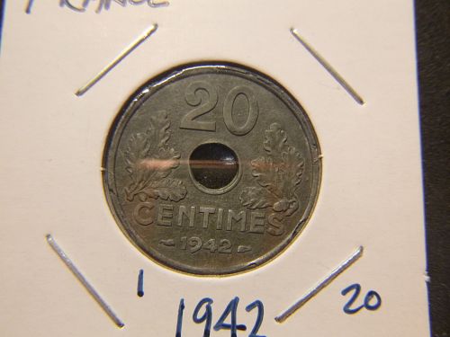 FRANCE 1942  20 Centimes Vichy French State, Zinc, "20", heavy type