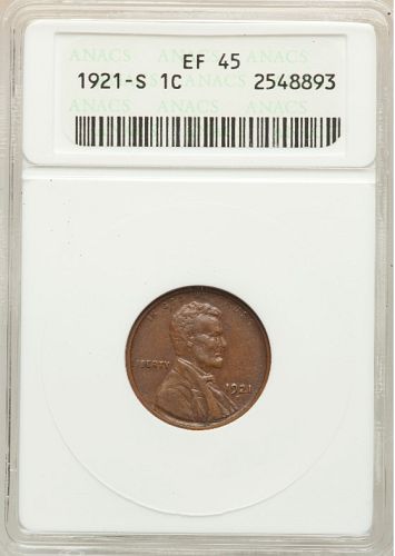 1921-S LINCOLN WHEAT CENT   ANACS EF 45