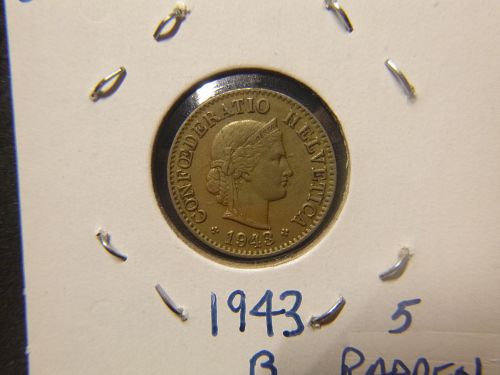 SWITZERLAND HELVETICA 1943 B 5 RAPPEN