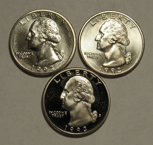 1993 P,D&S Washington Quarters, BU and Proof