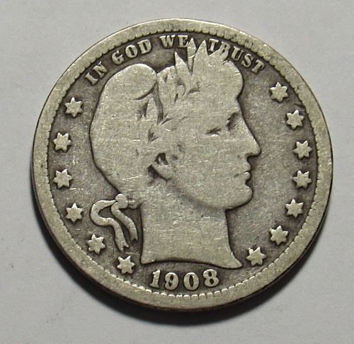 1908 D Barber Quarter in circulated condition