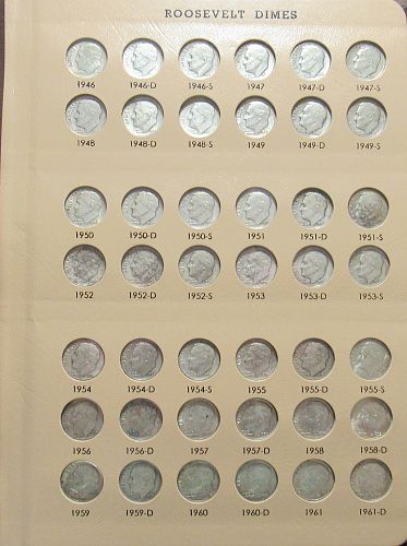 1946 to 2022 P&D Complete set of Roosevelt Dimes in a Dansco Album, circulated and BU