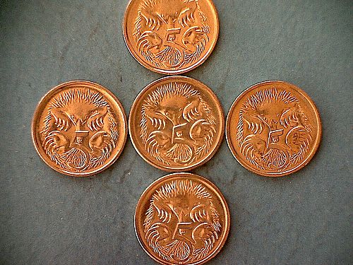 AUSTRALIA 1995 - 96 - 97 - 98 - 99 5 CENT  (5) COIN LOT