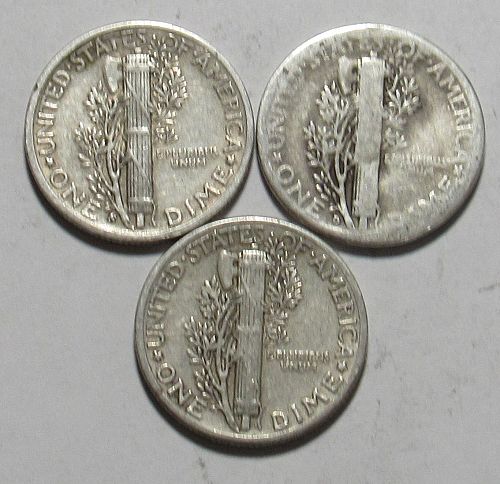 1944 P,D&S Mercury Dimes in circulated condition