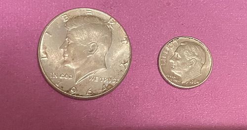 1964 P Kennedy Half Dollar with 1964-D Dime, 90% Silver