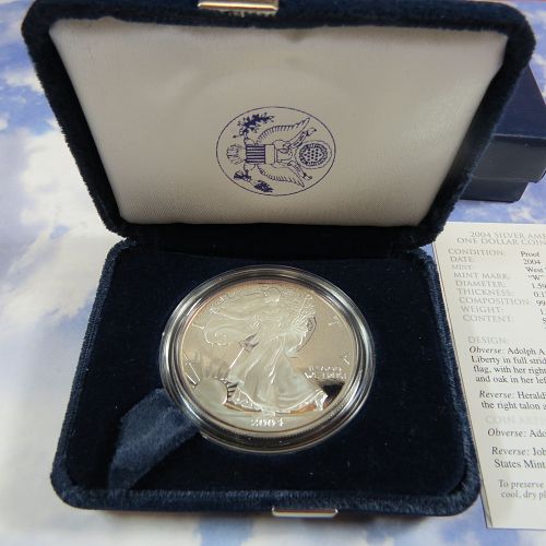 2004-W AMERICAN SILVER EAGLE PROOF DOLLAR (99.99% PURE SILVER) Incl: COIN, BOX & COA