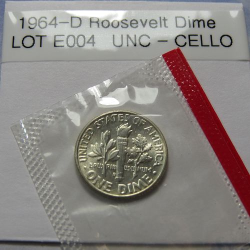 1964-D ROOSEVELT DIME (UNCIRCULATED IN CELLO) 90% SILVER ~ LOT E004