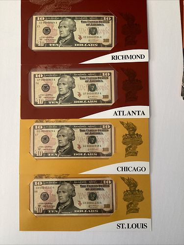 Twelve 2004A $10 Single Notes, All FRB's, low Serial Numbers BOE Packaging