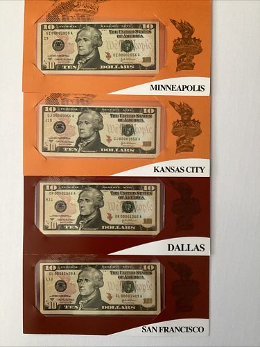 Twelve 2004A $10 Single Notes, All FRB's, low Serial Numbers BOE Packaging