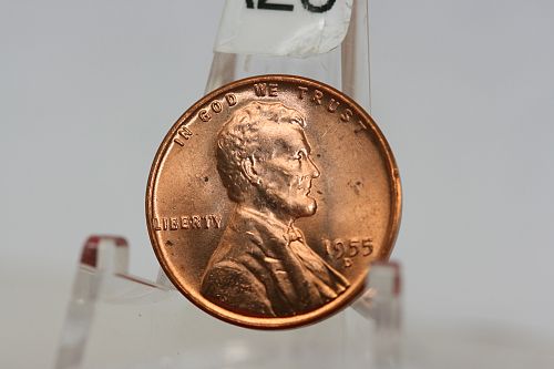 1955 D Lincoln Cent Brilliant Uncirculated BU RED- Reverse Die Chip Mint Error spot