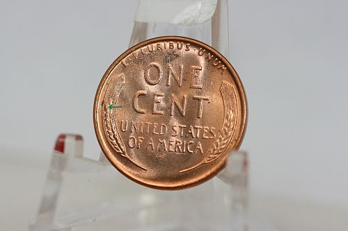 1955 D Lincoln Cent Brilliant Uncirculated BU RED- Reverse Die Chip Mint Error spot