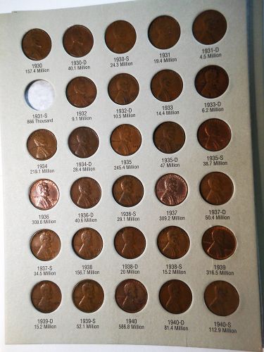 Lincoln Wheat Cent Album #1 1909 to 1940 (87 Coins) nearly complete (missing 3 coins)