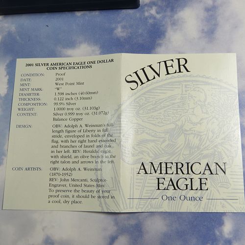 2001-W AMERICAN SILVER EAGLE PROOF DOLLAR (99.99% PURE SILVER) Incl: COIN, BOX & COA