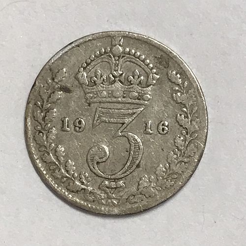 Four Coins Great Britain Silver 1916, 1920, 1933  3 Pence Silver and 1 NO date