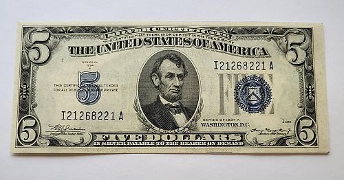 1934A  $5 Blue Seal silver Certificate Uncirculated