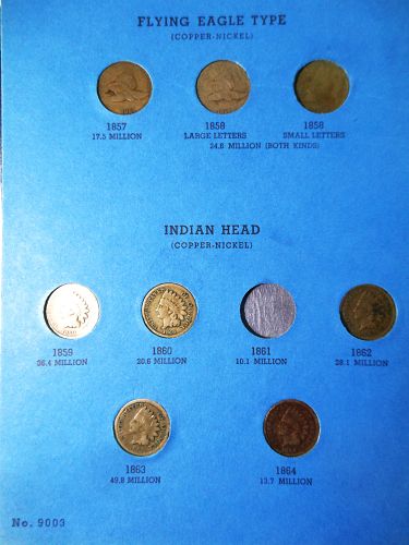 Indian Head Cent Album 1857 to 1909 (45 Coins) inc. all 3 Flying Eagle & 5 CN Cents