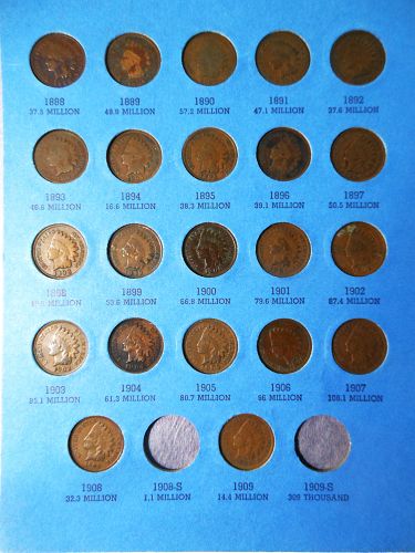 Indian Head Cent Album 1857 to 1909 (45 Coins) inc. all 3 Flying Eagle & 5 CN Cents