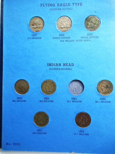 Indian Head Cent Album 1857 to 1909 (45 Coins) inc. all 3 Flying Eagle & 5 CN Cents
