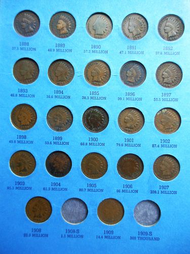 Indian Head Cent Album 1857 to 1909 (45 Coins) inc. all 3 Flying Eagle & 5 CN Cents