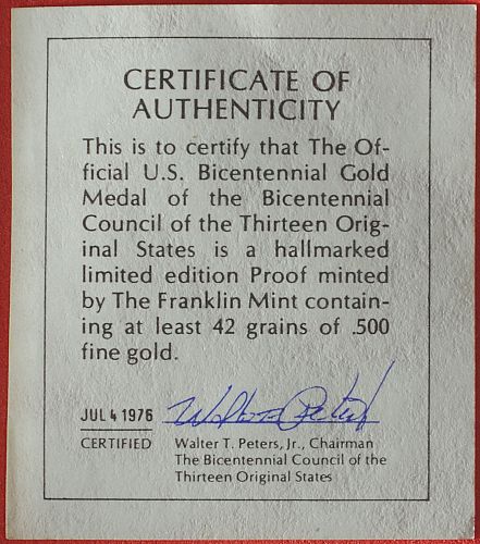 Official Bicentennial Council Gold Medal Proof