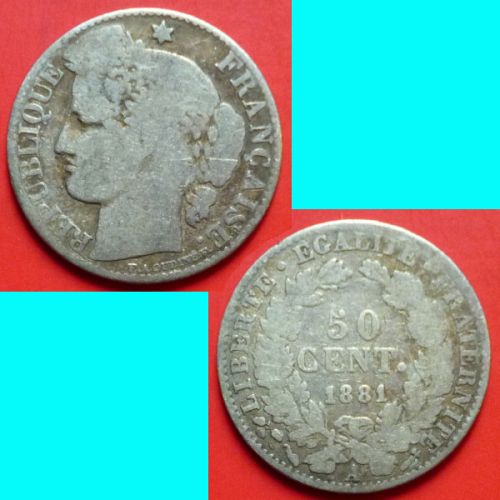 France French Francaise 50 Centimes 1881 A KM# 834.1 Silver