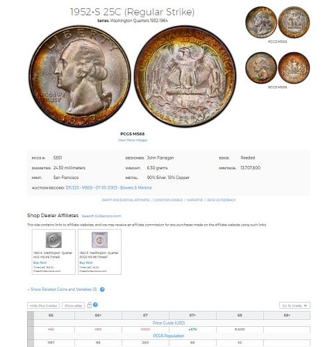 1952-S Washington Quarter 25c - ICG MS66+ PCGS Price Guide $60.00