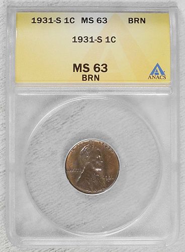 1931-S Lincoln Cent, Choice Uncirculated, ANACS MS-63BN, Popular Semi Key Date