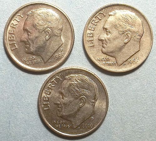 1966P, 1995P and 1010P Roosevelt Dimes Lot RsVwN