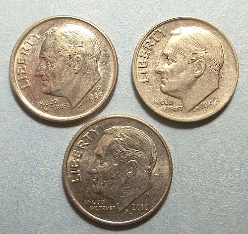 1966P, 1995P and 1010P Roosevelt Dimes Lot RsVwN