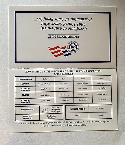 2007 US Mint Presidential $1 Coin Proof Set