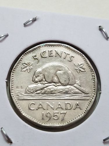 1957 Canada 5 Cents Nickel Bug Tail