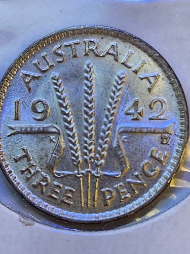 1942 D Australia 3 pence or threepence Silver coin Brilliant Uncirculated