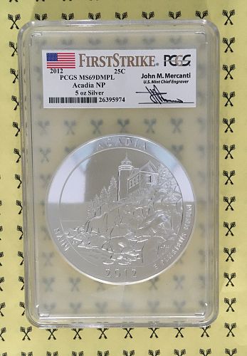 2012 Acadia 5 Oz SILVER Quarter PCGS MS 69 DMPL FS Mercanti with FREE 1/2 GOLDBACK*