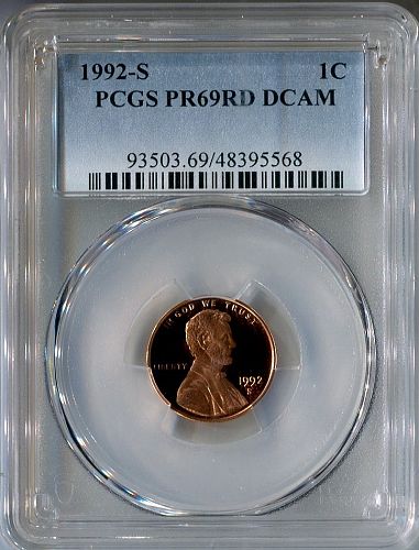 1992 - S  LINCOLN CENT   --  PCGS  --  PR 69RD DCAM