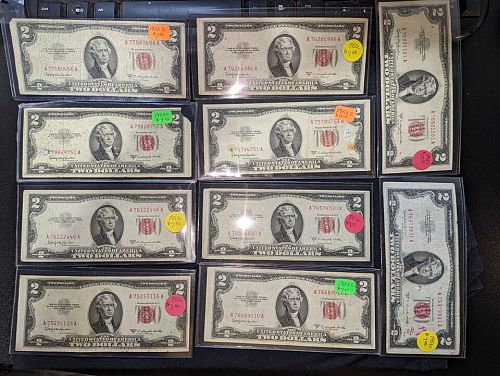 1953 C Red Seal 2 Dollar Bills/10 bills/Circulated.