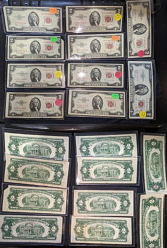 1953 C Red Seal 2 Dollar Bills/10 bills/Circulated.