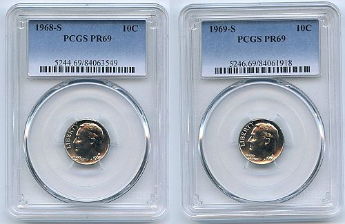 1968 & 1969 S 10C Roosevelt Dime's PCGS PR69