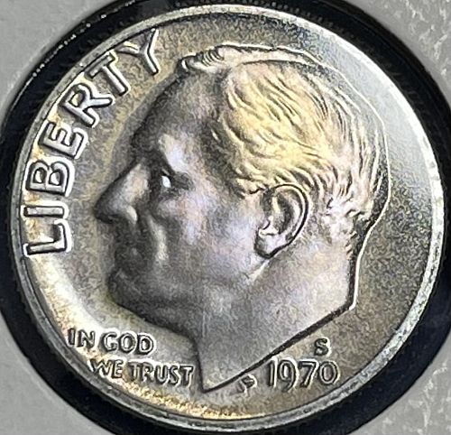 1970-S Roosevelt Proof Dime ~ FDR Nice Purple Glow w/ Bleached Hair Cameo Proof