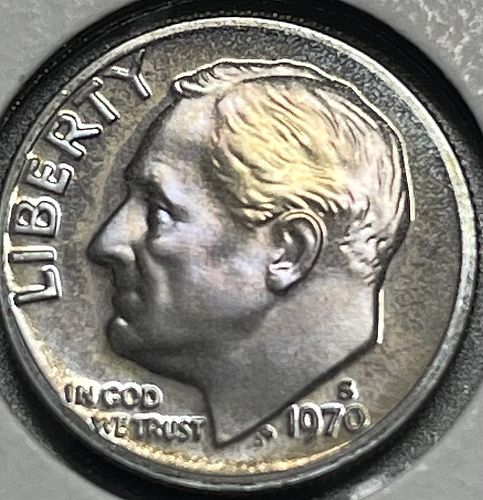 1970-S Roosevelt Proof Dime ~ FDR Nice Purple Glow w/ Bleached Hair Cameo Proof