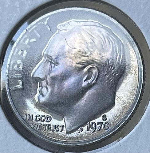 1970-S Roosevelt Proof Dime ~ FDR Nice Purple Glow w/ Bleached Hair Cameo Proof