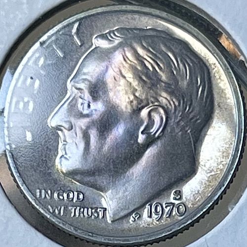 1970-S Roosevelt Proof Dime ~ FDR Nice Purple Glow w/ Bleached Hair Cameo Proof