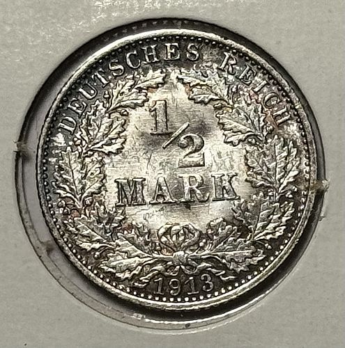 1913 A Germany - Empire 1/2 Mark - Silver