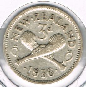3 Pence - George V,  New Zealand, 1936, scratched obverse
