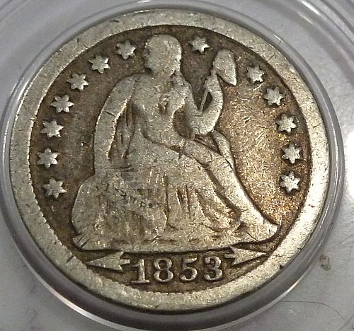 1853-P WITH ARROWS VERY GOOD LIBERTY SEATED DIME # CW-13