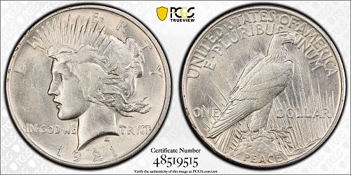 1921 Peace Dollar - High Relief First Year of Issue Key Date - PCGS AU55