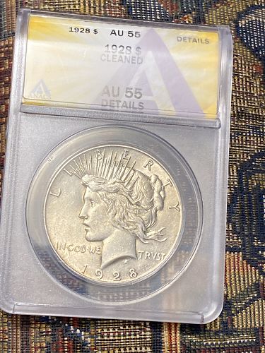 1928 P Peace SILVER Dollar ANACS Graded AU55 "cleaned"  very nice eye appeal see pics