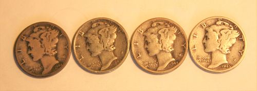 Four Mercury Dimes 1944-D, 1945 P