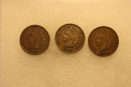 Three 119 year Old Plus Indian Pennies 1901, 1903, 1905