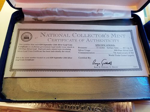 National Collectors Mint September 11th Coin Certificate Gold Leaf $20 Dollars 3 Silv